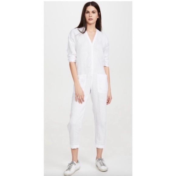 James Perse white v neck button front long sleeve linen jumpsuit sz 3 = Large - Picture 3 of 14